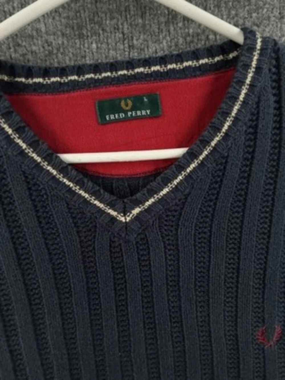 Fred Perry Heavyweight Large Logo V-Neck Blue Men Pullover Sweater Cotton Knit